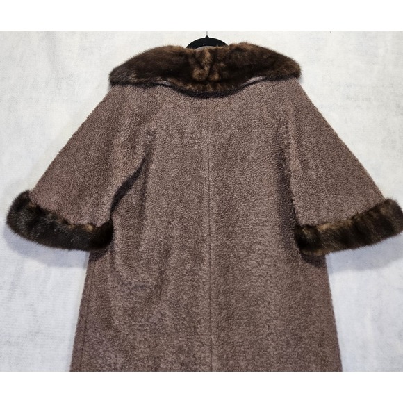 Vtg Swing Coat L /  12 / 14 Wool Capelet Cape Mink Fur 50s 60s Brown Boucle - Picture 5 of 9